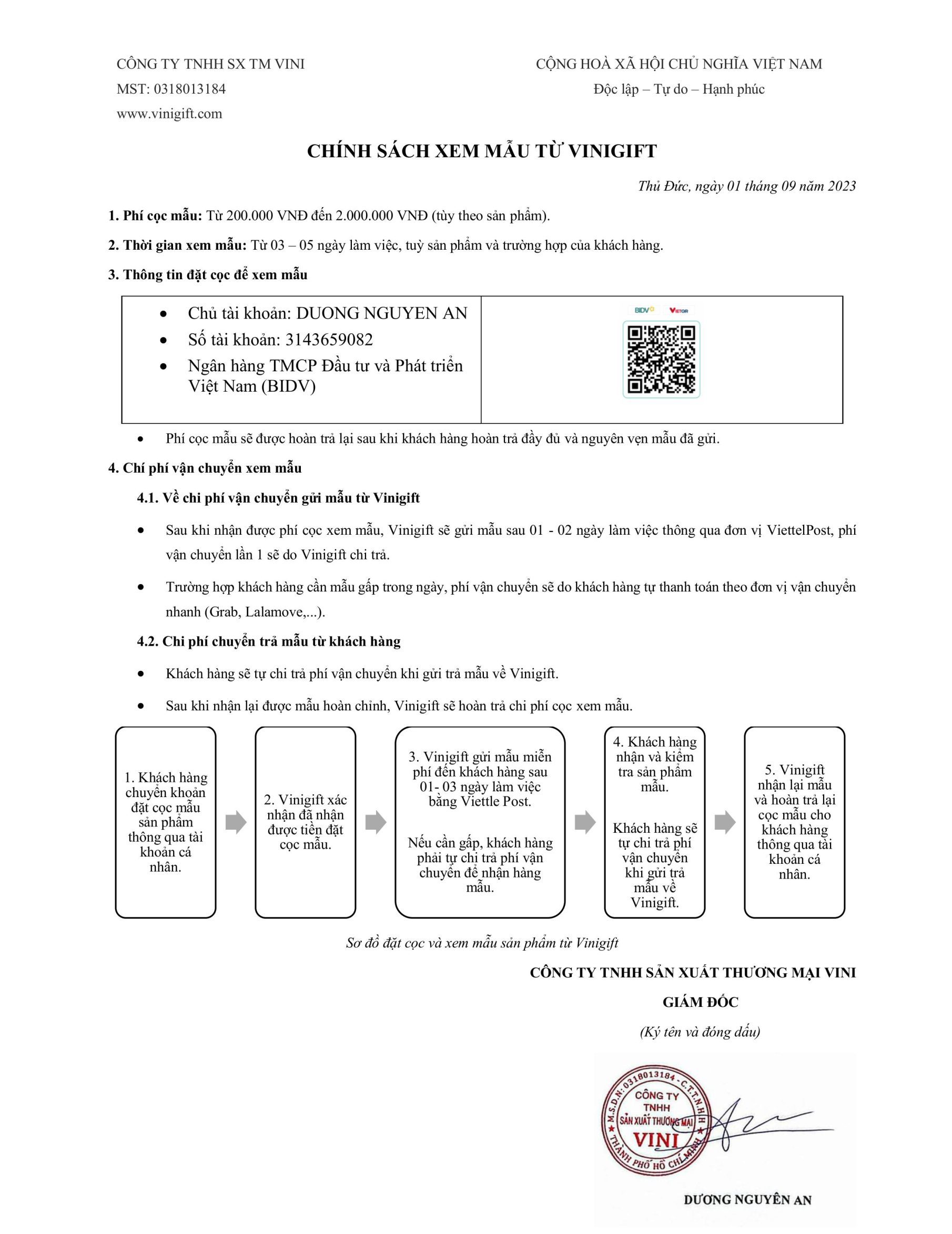 CHÍNH SÁCH XEM MẪU - VINIGIFT