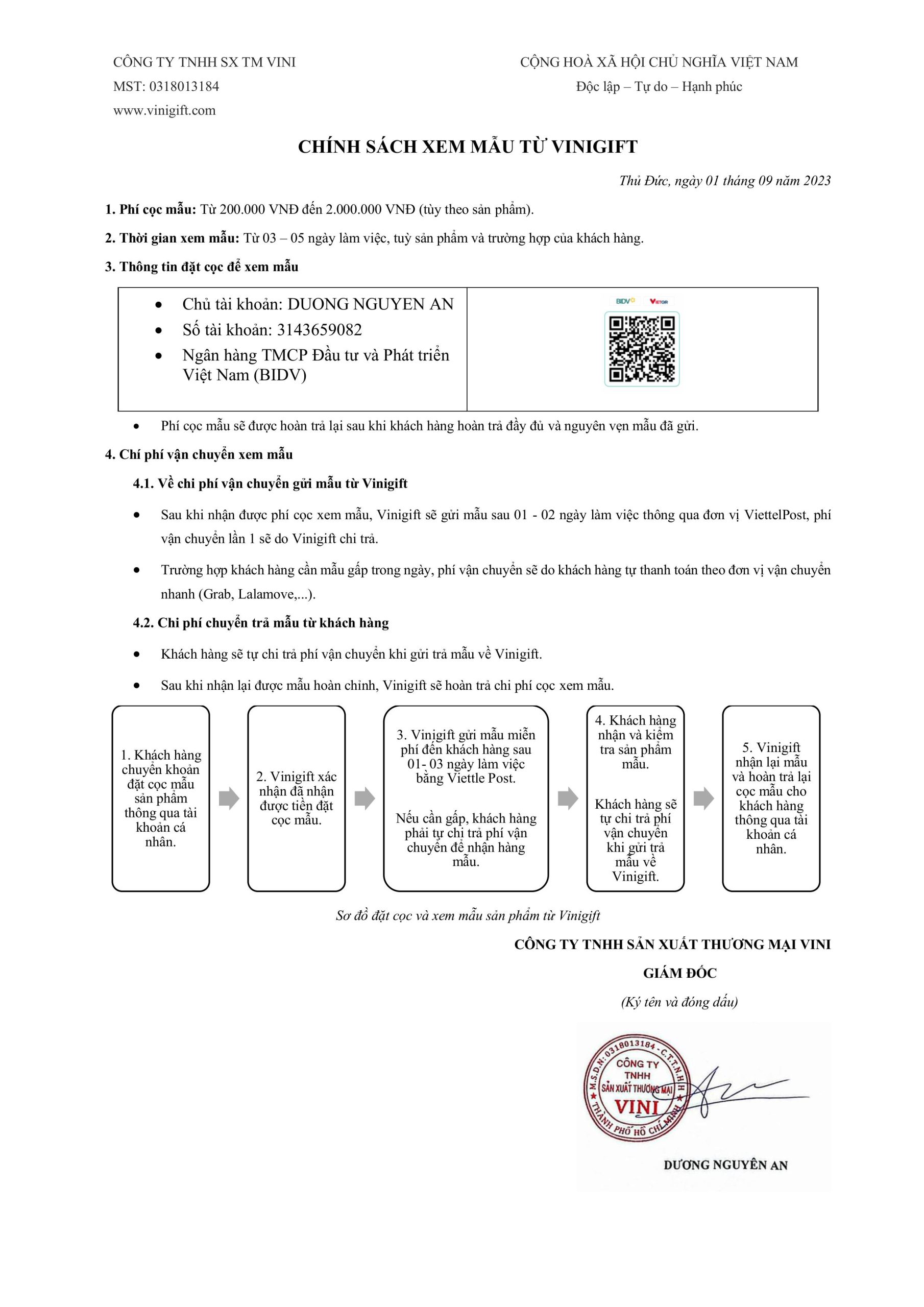 CHÍNH SÁCH XEM MẪU - VINIGIFT