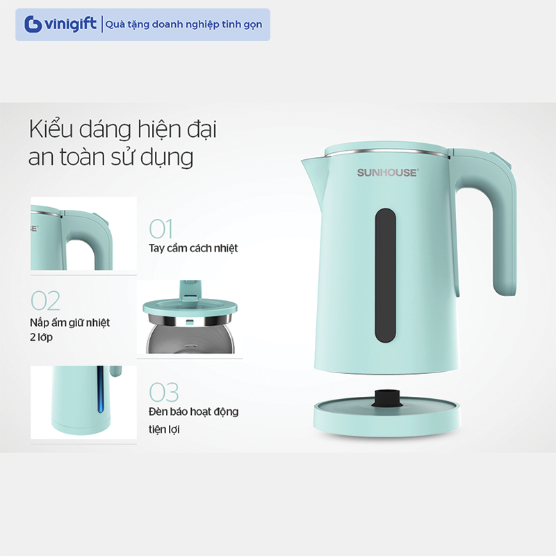 Bình siêu tốc inox 2 lớp 1.8L Sunhouse SHD1351, 1353 in logo thương hiệu