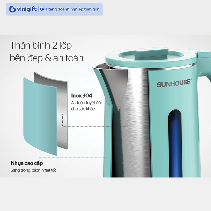 Bình siêu tốc inox 2 lớp 1.8L Sunhouse SHD1351, 1353 in logo thương hiệu