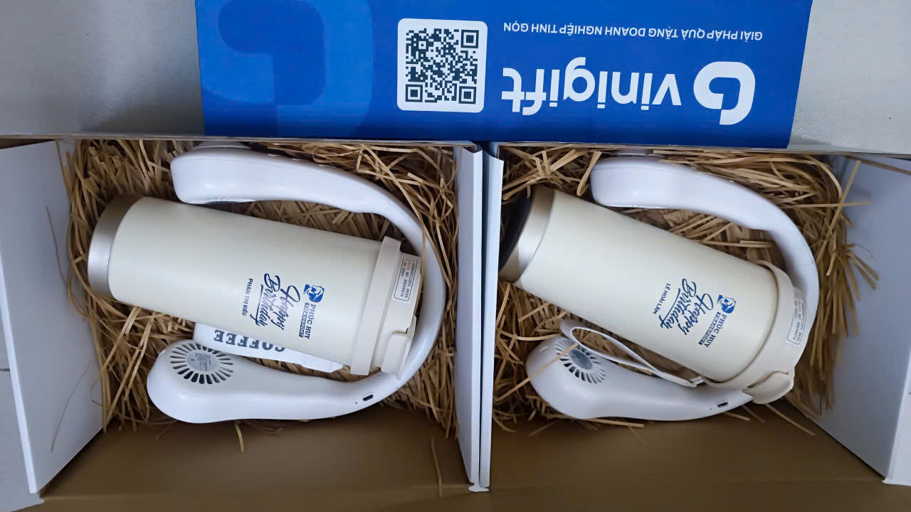 VINIGIFT x PHÚC HUY TRANSPORT Bộ quà tặng ly giữ nhiệt kèm quạt đeo cổ in logo dành tặng sinh nhật cho nhân viên