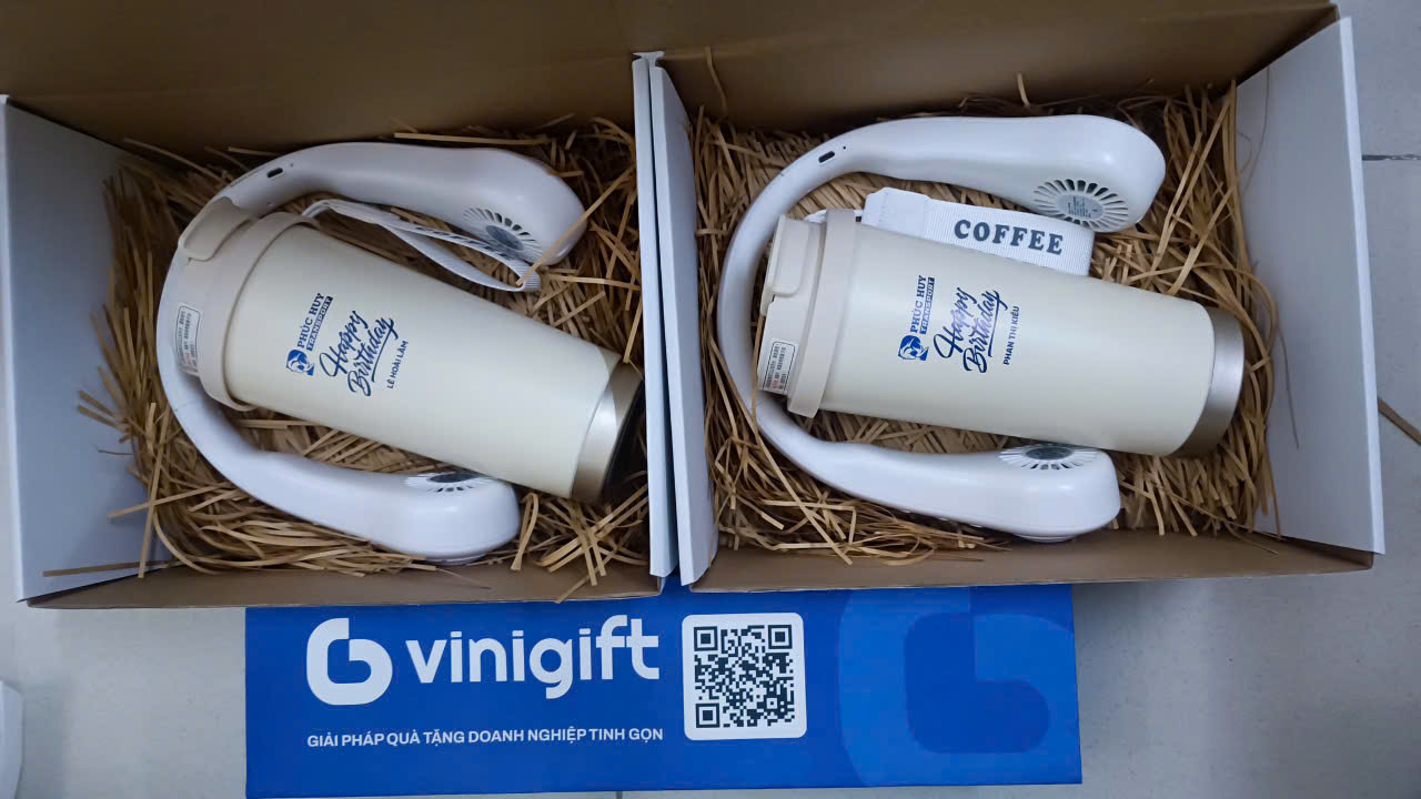 VINIGIFT x PHÚC HUY TRANSPORT Bộ quà tặng ly giữ nhiệt kèm quạt đeo cổ in logo dành tặng sinh nhật cho nhân viên