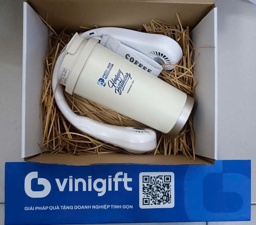 VINIGIFT x PHÚC HUY TRANSPORT Bộ quà tặng ly giữ nhiệt kèm quạt đeo cổ in logo dành tặng sinh nhật cho nhân viên