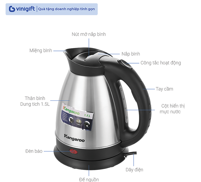 Bình đun siêu tốc Kangaroo KG15SK3 in khắc logo thương hiệu